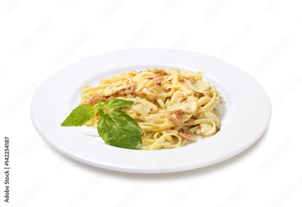 pasta with ham and mushrooms Isolated on white background