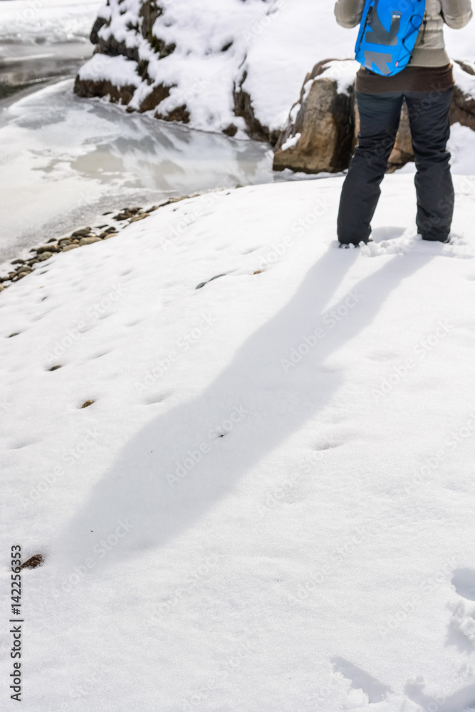 Closeup portrait of a female legs in snow