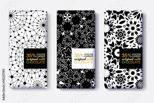 Vector Set Of Chocolate Bar Package Designs With Modern Black and White Geometric Patterns. Editable Packaging Template Collection.