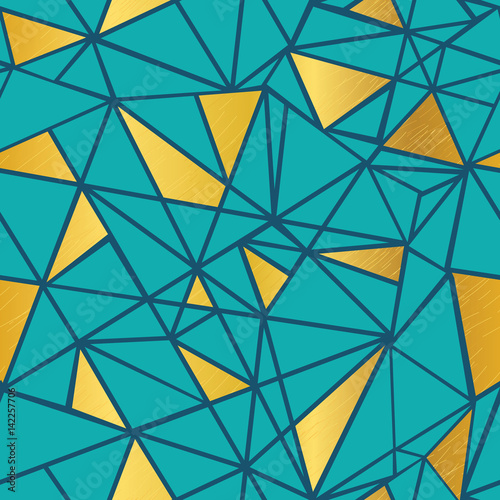Vector Turquoise Blue and Gold Foil Geometric Mosaic Triangles Repeat Seamles...