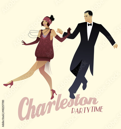 Elegant couple wearing 20's style clothes dancing charleston. Vector Illustration