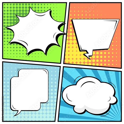 Abstract creative concept vector comic pop art style blank, layout template with clouds beams and isolated dots background. For sale banner, empty speech bubble set, illustration halftone book design.