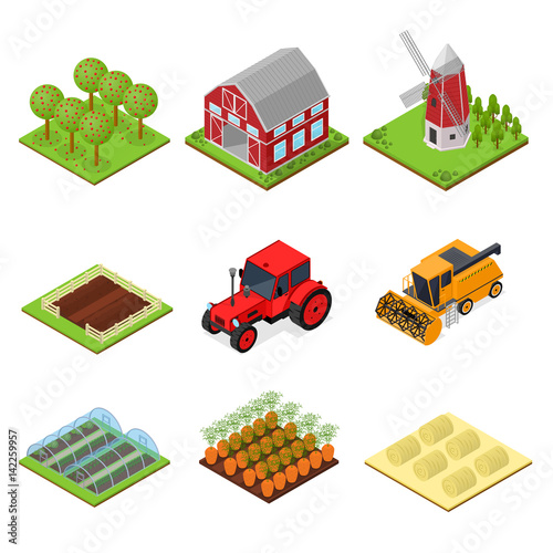 Farm Color Icons Set Isometric View. Vector