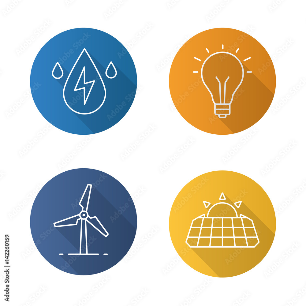 Eco energy flat linear long shadow icons set Eco energy flat linear long shadow icons set