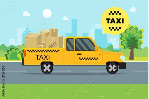 Taxi Service Moving Car on a Landscape Background. Vector