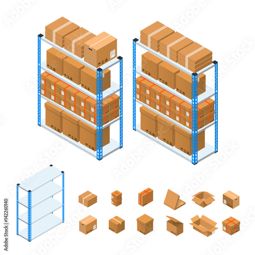 Warehouse Shelves Set Isometric View. Vector