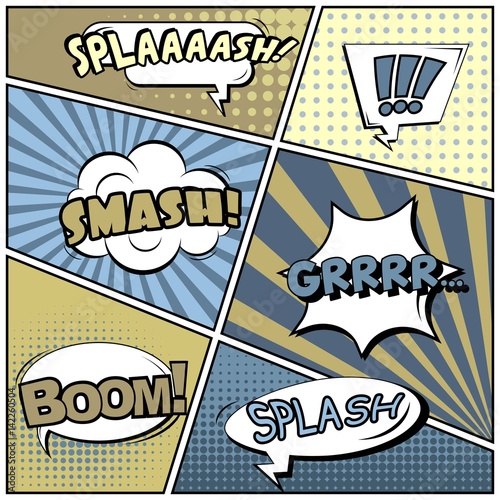 Abstract creative concept vector comic pop art style blank, layout template with clouds beams and isolated dots background. For sale banner, empty speech bubble set, illustration halftone book design.
