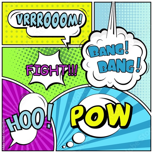 Abstract creative concept vector comic pop art style blank, layout template with clouds beams and isolated dots background. For sale banner, empty speech bubble set, illustration halftone book design.