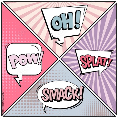 Abstract creative concept vector comic pop art style blank, layout template with clouds beams and isolated dots background. For sale banner, empty speech bubble set, illustration halftone book design.