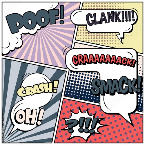 Abstract creative concept vector comic pop art style blank, layout template with clouds beams and isolated dots background. For sale banner, empty speech bubble set, illustration halftone book design.