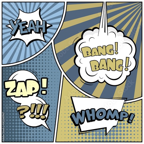 Abstract creative concept vector comic pop art style blank, layout template with clouds beams and isolated dots background. For sale banner, empty speech bubble set, illustration halftone book design.