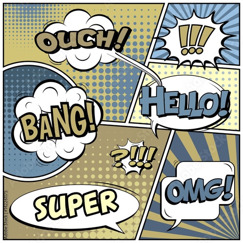 Abstract creative concept vector comic pop art style blank, layout template with clouds beams and isolated dots background. For sale banner, empty speech bubble set, illustration halftone book design.