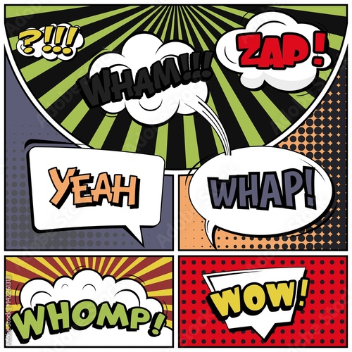 Abstract creative concept vector comic pop art style blank, layout template with clouds beams and isolated dots background. For sale banner, empty speech bubble set, illustration halftone book design.