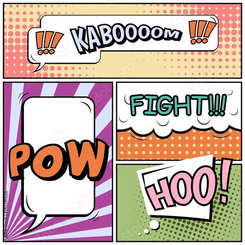 Abstract creative concept vector comic pop art style blank, layout template with clouds beams and isolated dots background. For sale banner, empty speech bubble set, illustration halftone book design.