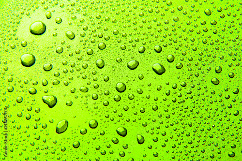 Drops of water on a color background. Green