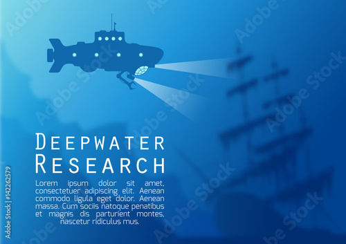 Blurred underwater background with blue submarine silhouette and old sunken ship. Vector illustration.
