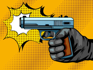 Fotobehang Pop art Schietend pistool popart illustratie  © Oleksandr Pokusai