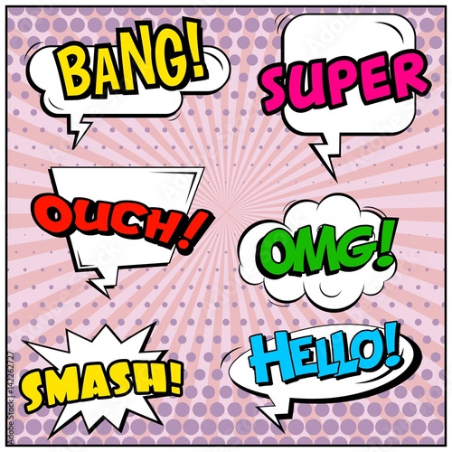 Abstract creative concept vector comic pop art style blank, layout template with clouds beams and isolated dots background. For sale banner, empty speech bubble set, illustration halftone book design.