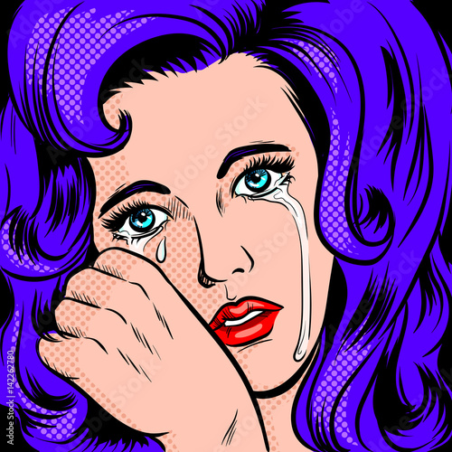 Sad girl crying pop art style vector illustration