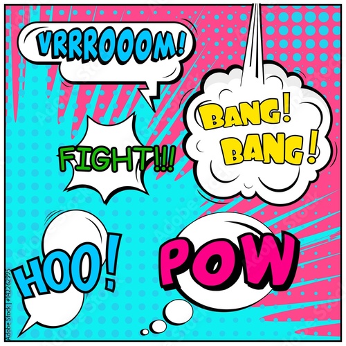 Abstract creative concept vector comic pop art style blank, layout template with clouds beams and isolated dots background. For sale banner, empty speech bubble set, illustration halftone book design.