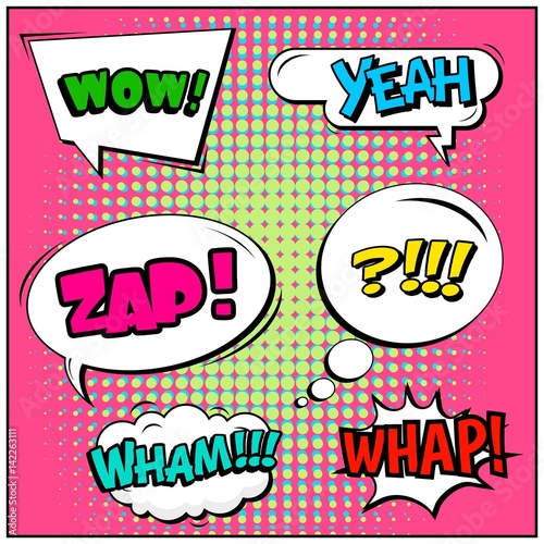 Abstract creative concept vector comic pop art style blank, layout template with clouds beams and isolated dots background. For sale banner, empty speech bubble set, illustration halftone book design.