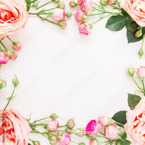Floral square frame with pink roses isolated on white background. Flat lay, top view. Flowers background.