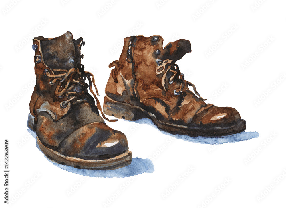 Watercolor old leather shoes. Hand drawn traveler boots on white  background. Painting vintage illustration Stock Illustration | Adobe Stock
