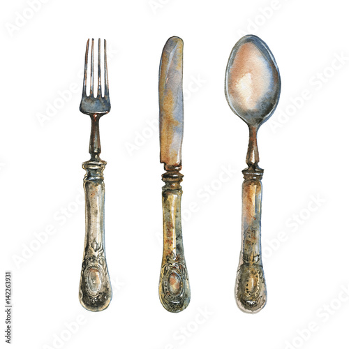 Hand drawn vintage bronze cutlery set. Watercolor old fork, knife and spoon in rustic style. Painting antique illustration on white background