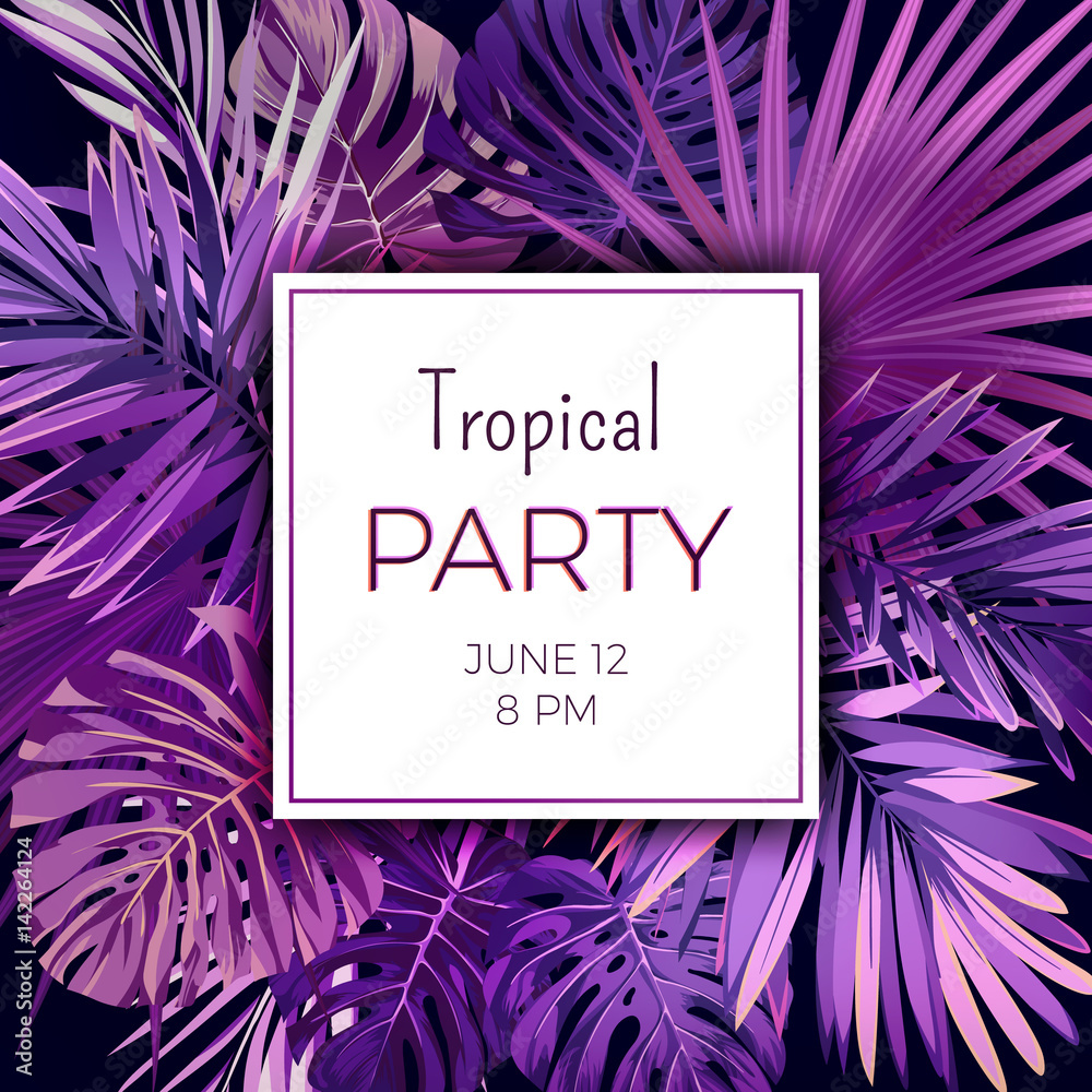 Fototapeta premium Purple neon vector floral flyer template for summer night party. Tropical background with exotic palm leaves and plants.