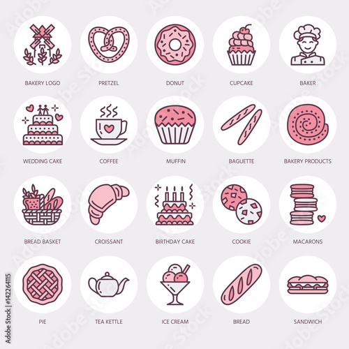 Bakery, confectionery line icons. Sweet shop products - cake, croissant, muffin, pastry, cupcake, pie Food thin linear signs