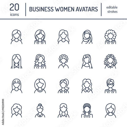 People line icons, business woman avatars. Outline symbols of female professions, secretary, manager, teacher, student. Young girls thin linear signs.