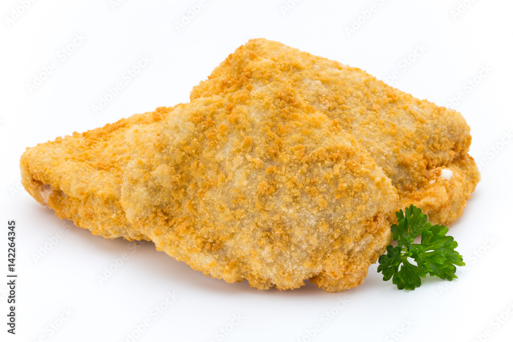 Fried chicken nuggets isolated on white.