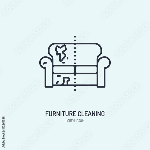 Sofa repair line icon, upholstered furniture dry cleaning logo. Couch flat sign, illustration of dirty home.