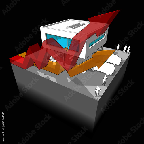 Diagram of a modern house or villa  with rising business arrows