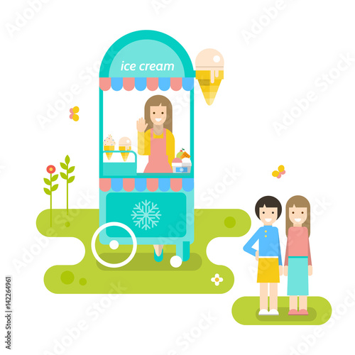 Ice cream stall, salesgirl and children. Vector flat illustration.