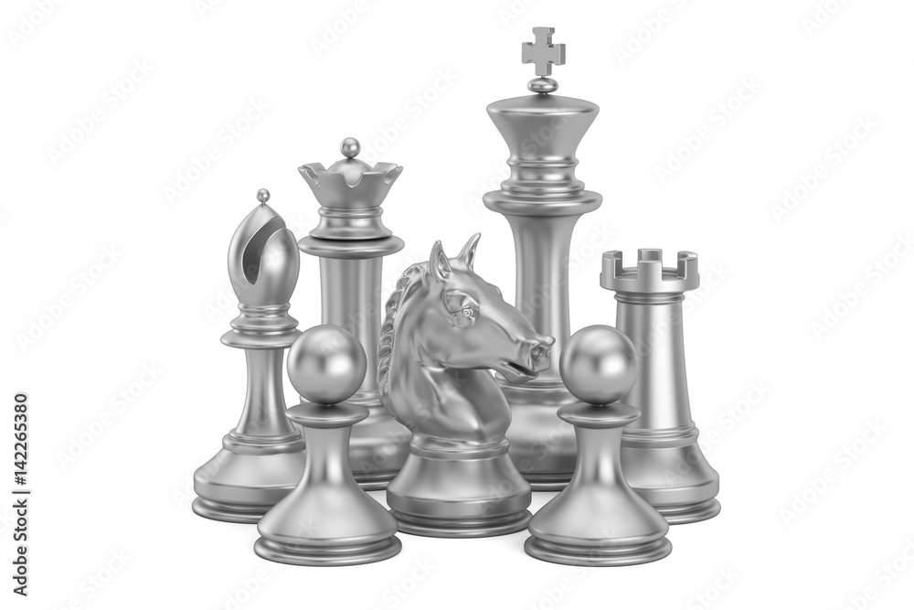 Silver chess figures, 3D rendering Silver chess figures, 3D rendering