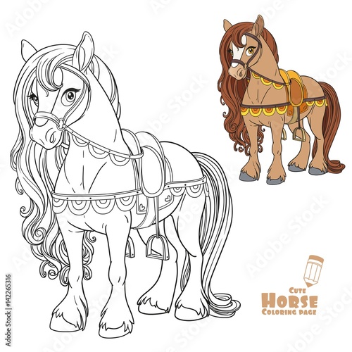 Cute horse harnessed to a saddle color and outlined picture for coloring book on white background