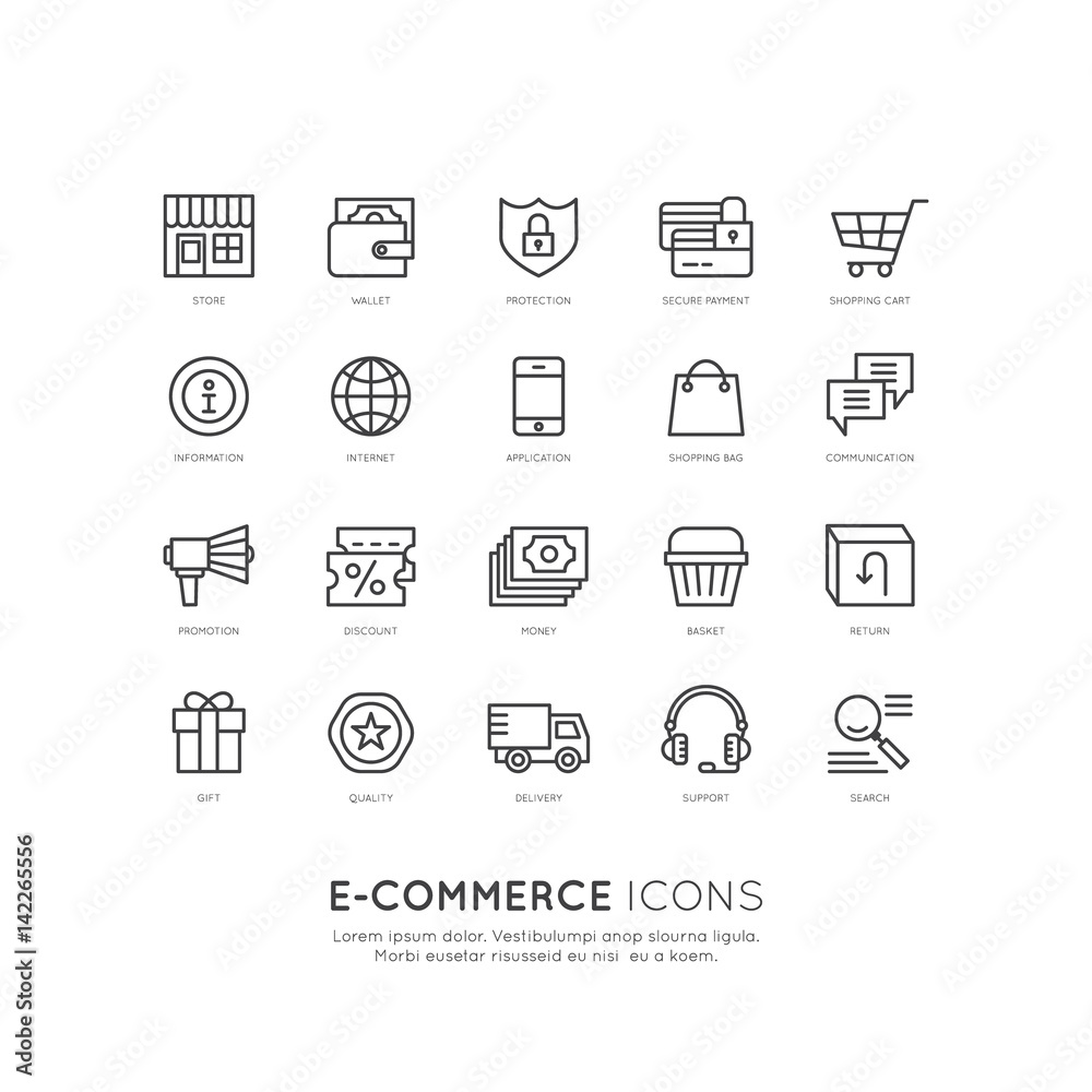 Vector icon style illustration logo thin line shipping services and facilities online shopping, delivery and returns, e-commerce and m-payment concept