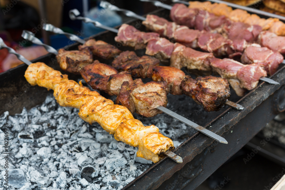 Beef and chicken kebab. Fresh meat at grill, bbq