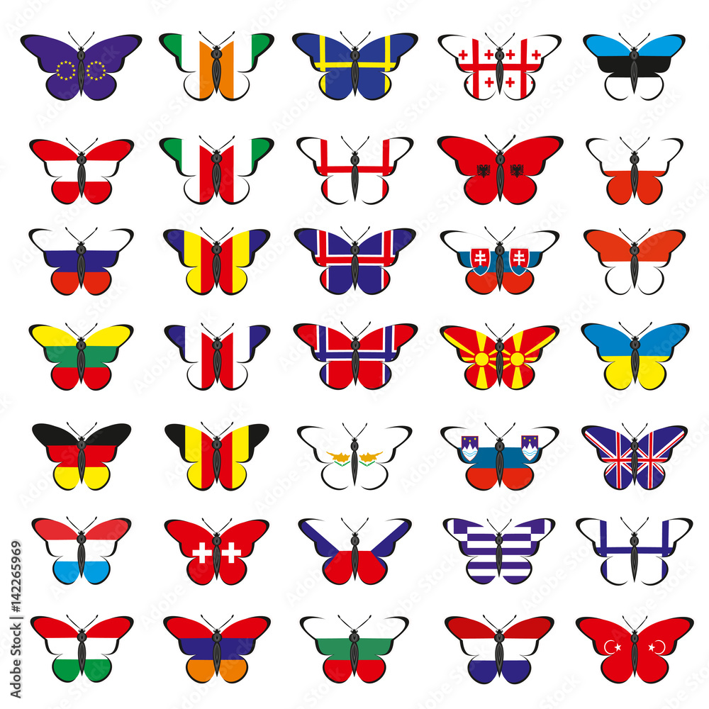 Thirty five butterflies with flags of European countries Thirty five butterflies with flags of European countries