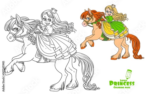 Cute princess riding on horse that bucks front hooves color and outlined picture for coloring book on a white background