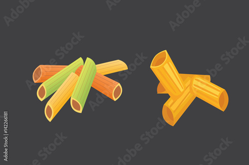 Vector set Italian pasta in cartoon style. Different types and shapes of macaroni with. Ravioli, spaghetti, tortiglioni illustration