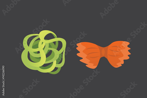 Vector set Italian pasta in cartoon style. Different types and shapes of macaroni with. Ravioli, spaghetti, tortiglioni illustration