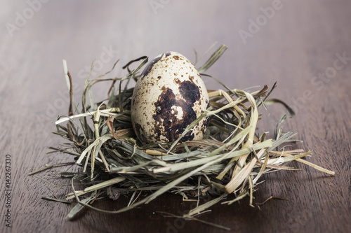 Quail eggs in a nest on a wooden background. easter