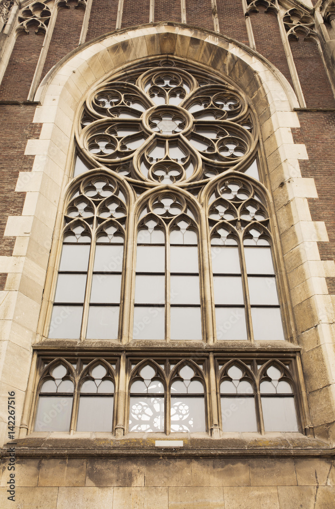Beautiful gothic window on the facade of the Church of St. Olga and Elizabeth