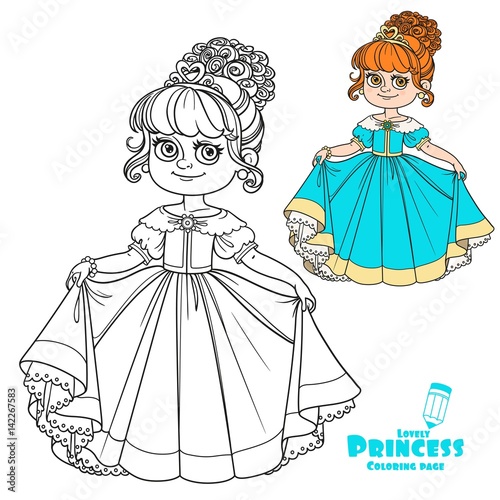 Beautiful little princess curtsies outlined for coloring book isolated on white background
