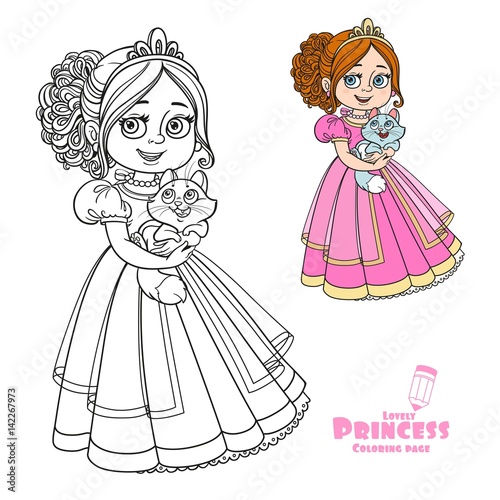 Beautiful princess holding kitten on hands color and outlined picture for coloring book on white background