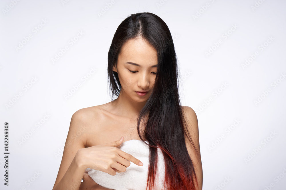 woman bare shoulders white towel woman bare shoulders white towel