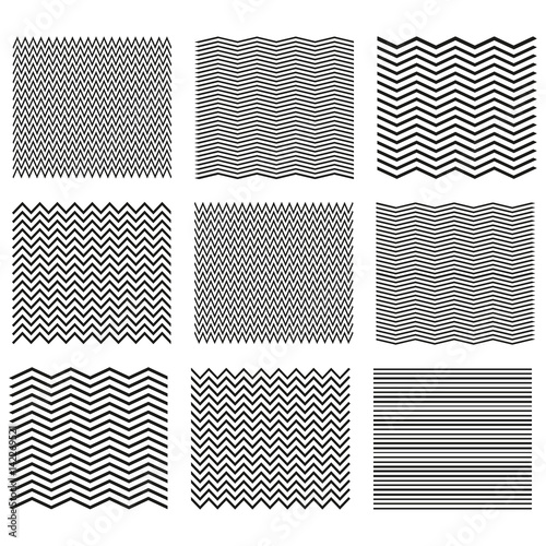 Set of wavy - curvy and zigzag - criss cross horizontal lines. Outline wavy or zigzags.