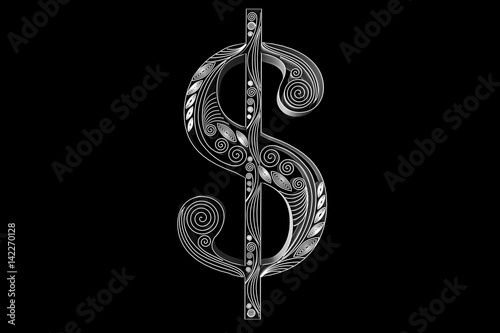 3D illustration of swirly paper with dollar sign with depth of field
